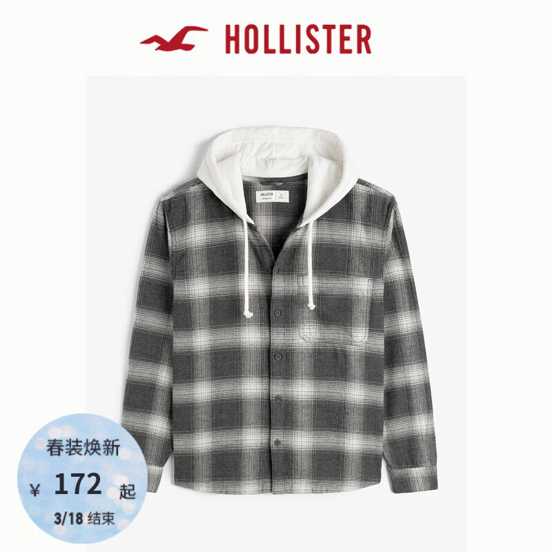 HOLLISTER25春季新款寬松黑白連帽格子襯衫外套男裝KI325-5045 黑色格紋 XS (170/84A)