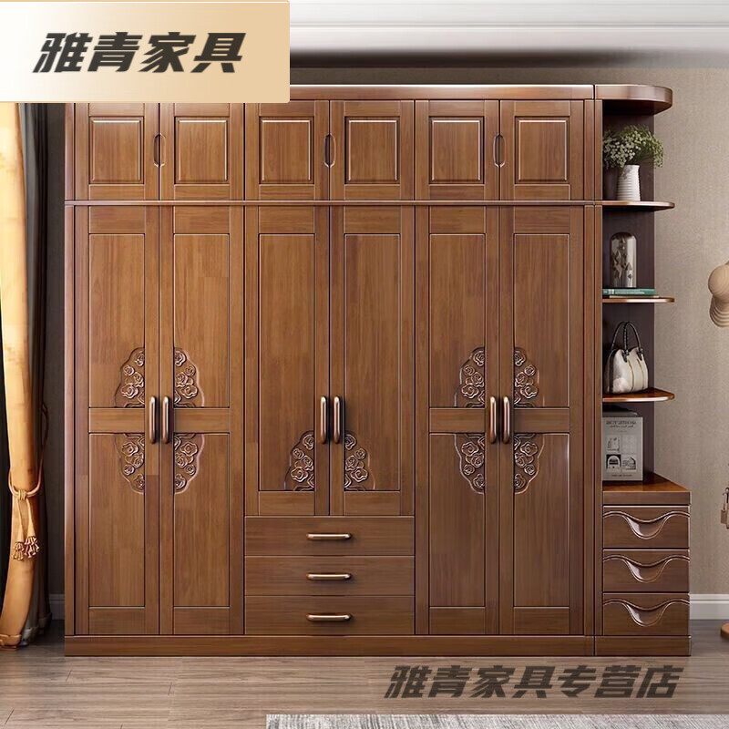虞萌馨迪新款中式實(shí)木衣柜對(duì)開(kāi)門推拉六門大容量衣柜臥室經(jīng)濟(jì)橡膠木 衣柜 三門(包安裝)