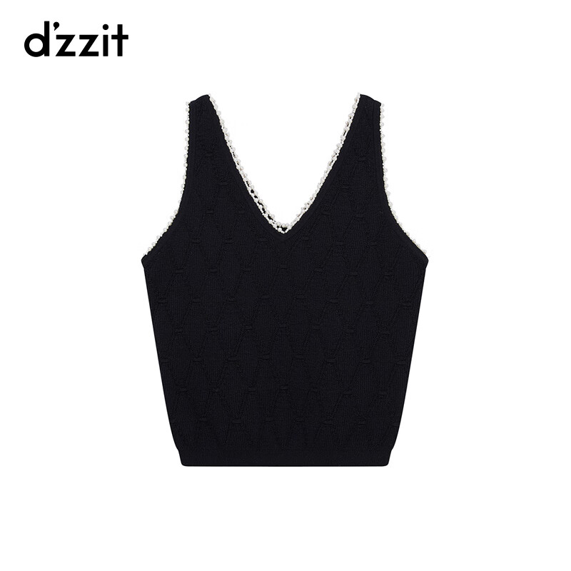 DZZIT地素针织背心2025夏季新款仿珍珠边饰V领肌理感小上衣女3J2E2141T 深蓝色 S