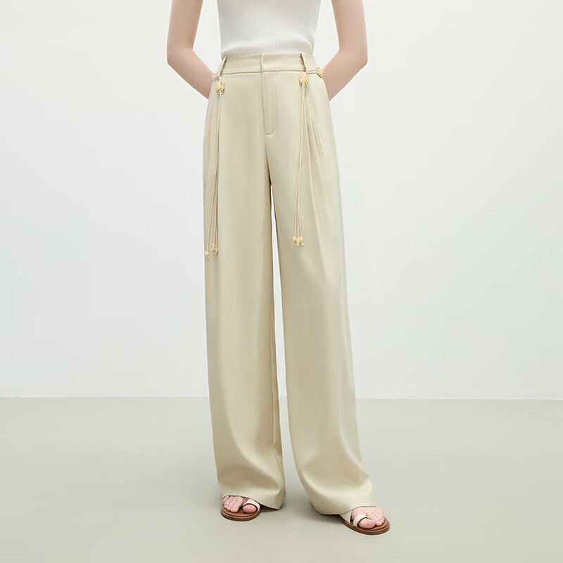 范思藍(lán)恩高腰直筒休閑褲女夏季2025新款游牧風(fēng)綁帶麻感闊腿褲2282 卡其 M