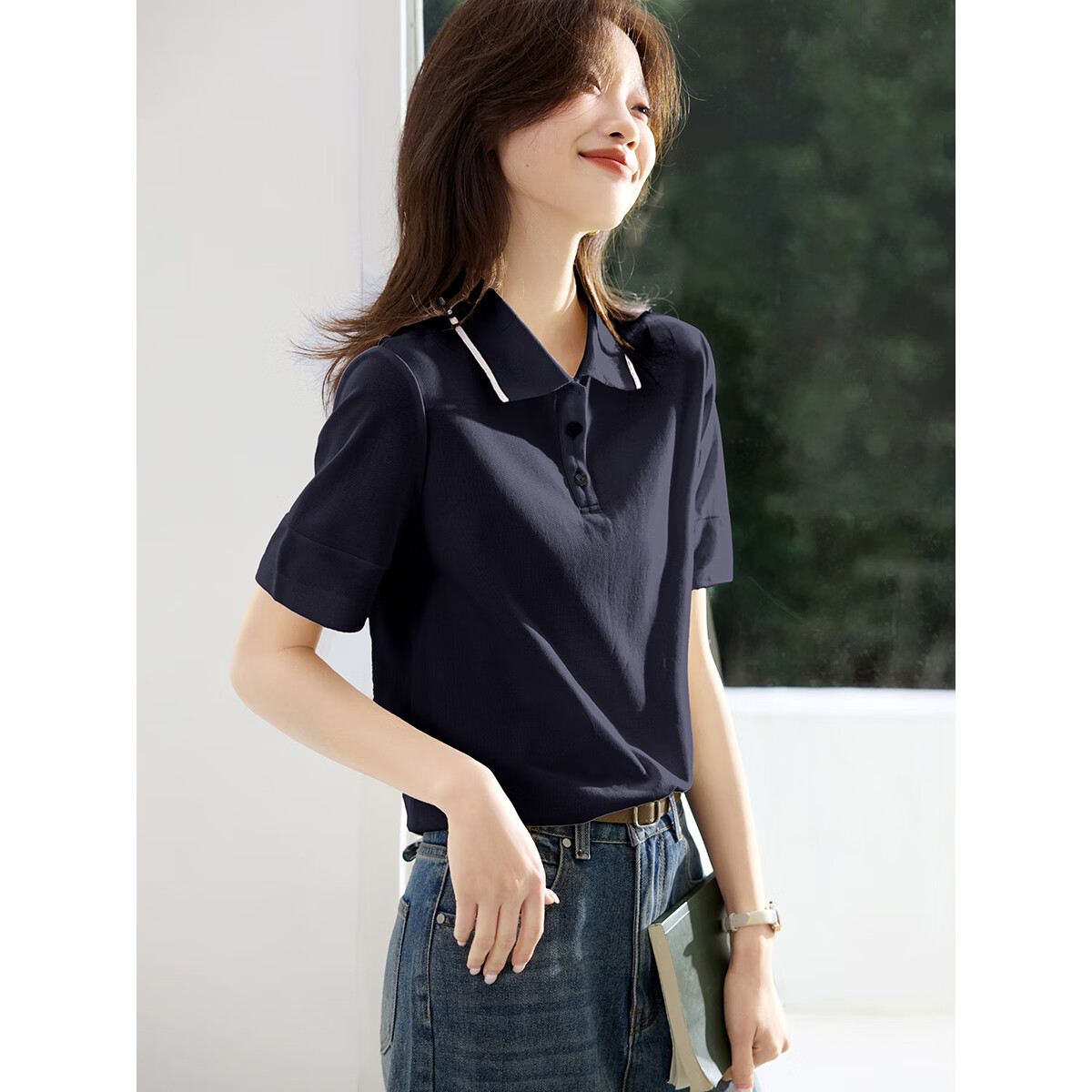 沫晗依美【休闲撞色POLO短袖女衬衫】2025春夏新款休闲显瘦女衬衫 藏青色 M