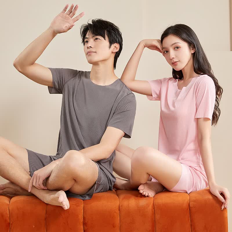 有只绵情侣睡衣套装春夏季冰丝无痕宽松大码男女款可外穿家居服 女短款-粉色 L