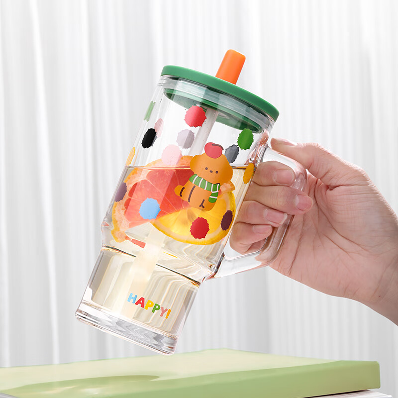 乐唯诗高颜值冰霸玻璃杯喝水杯子男女生超大容量冰美式咖啡杯家用奶茶杯 冰霸吸管杯【泰迪绿】620ml1只