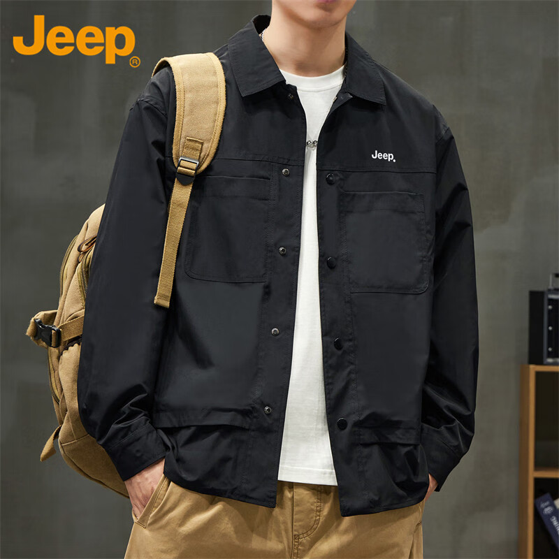 吉普（JEEP）外套男秋冬季宽松工装行政夹克男士潮流休闲衣服男装  黑色 4XL