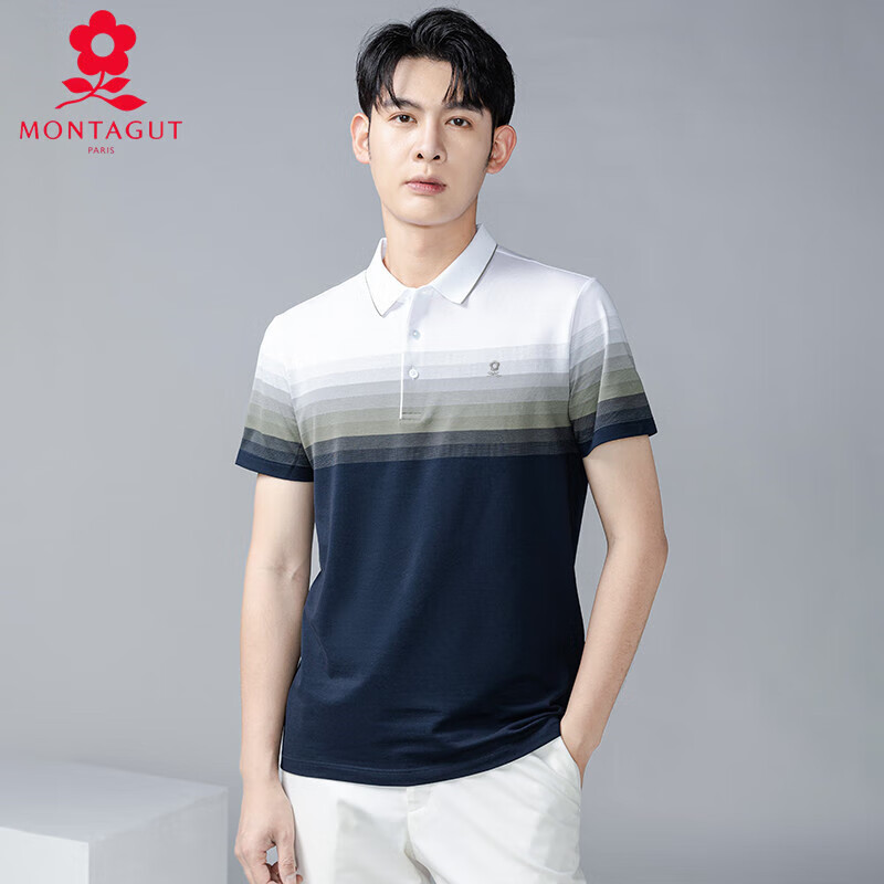 梦特娇（MONTAGUT）法国品牌polo衫短袖男士商务休闲薄款简约翻领条纹减龄t恤 绿色 S 165/84A