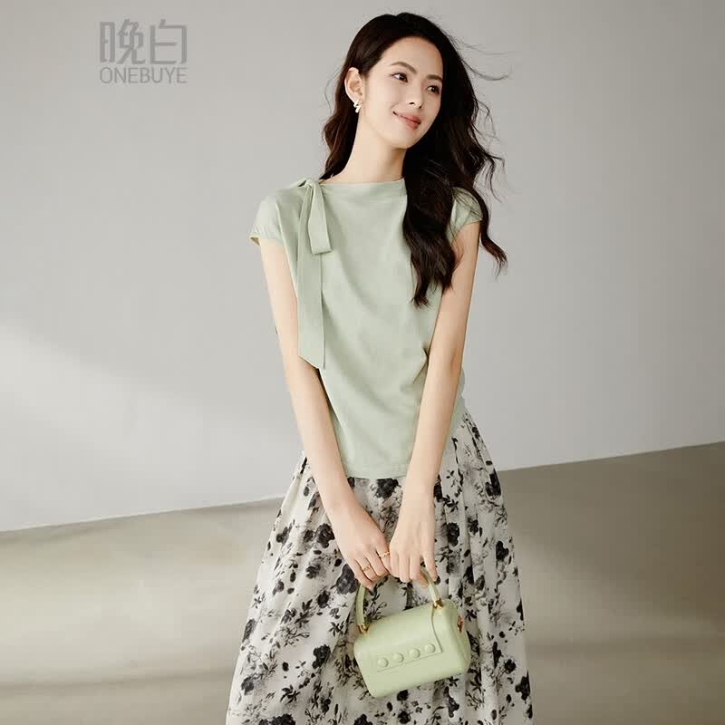 晚白【新品】设计感短袖针织衫女2026夏款洋气百搭显白蝴蝶节t恤上衣 湖绿色 M