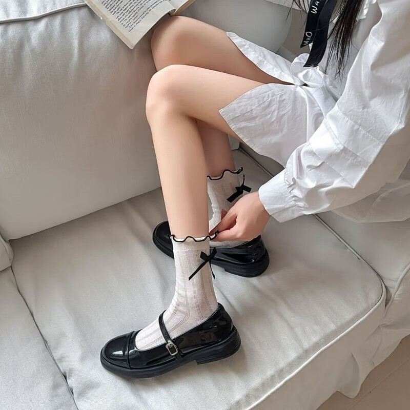 其它袜子女夏季薄款网眼中筒袜少女芭蕾风透气后跟蝴蝶结jk堆堆袜 【1双装】黑色1双 无规格