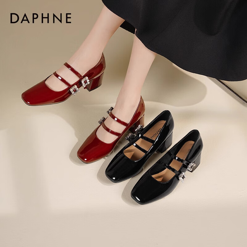 达芙妮玛丽珍女鞋2026春季新款粗跟方头高跟鞋女复古浅口皮鞋单鞋女ZJ 黑色【4.5cm粗跟】 40