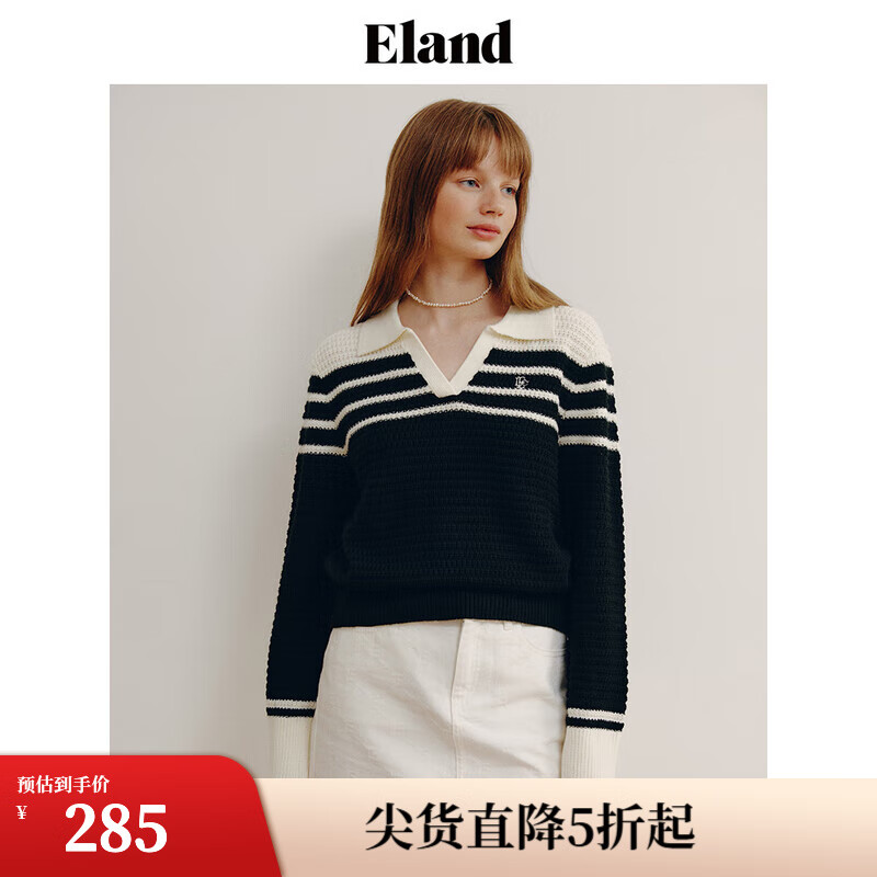 ELAND衣戀針織上衣女春季學(xué)院風(fēng)翻領(lǐng)撞色針織毛衣上衣女 黑色(19)Black M/165