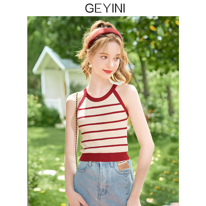 歌依妮掛脖條紋吊帶針織背心女外穿設計感春季黑色法式別致短款無(wú)袖上衣 紅色 S