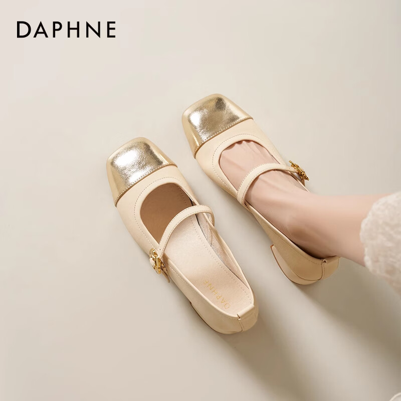 达芙妮玛丽珍女鞋2026春季新款气质花朵新中式拼色单鞋女粗跟高跟鞋JL 米金色【花朵搭扣】 跟高3.8cm 37