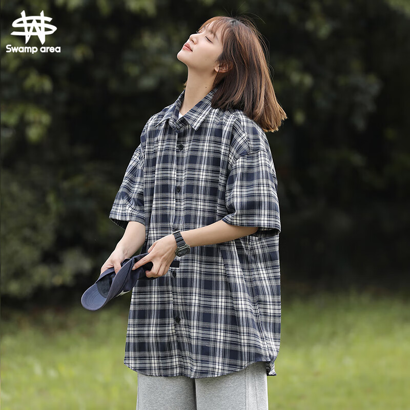 SWAMP AREA美式复古格子防晒衬衫男女夏季短袖宽松休闲薄款衬衣CS322深蓝2XL