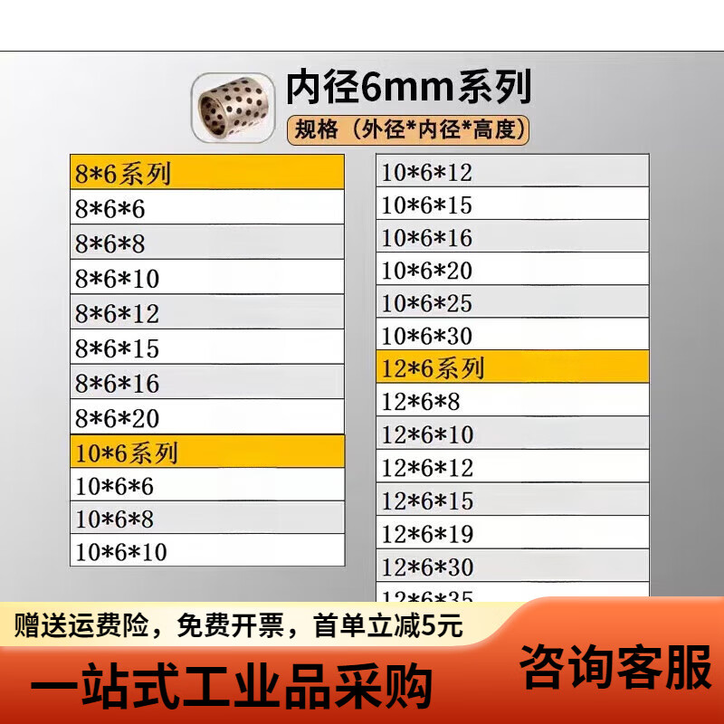 石墨銅套自潤滑軸承無油襯套 滑動(dòng)直線軸承耐磨高力黃 內(nèi)徑6mm系列(下單聯(lián)系客服選尺寸
