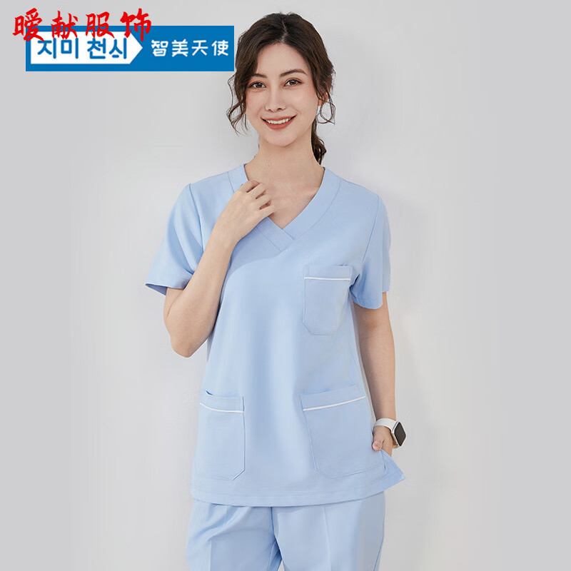 曖獻(xiàn)夏季薄款洗手衣女彈力速干醫(yī)生手術(shù)衣刷手服工作服護(hù)士醫(yī)護(hù)人員 G03淺藍(lán)色短袖套裝 XL