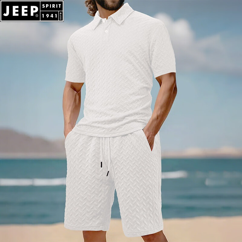 JEEP SPIRIT欧美潮流夏季提花休闲套装T恤短裤男士纯色时尚运动健身透气男款 白色套装 S