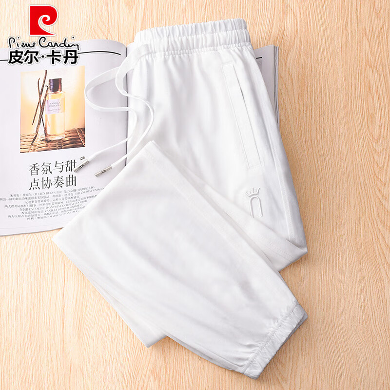 皮尔卡丹全棉运动裤女夏季薄款高端束脚休闲裤拉链显瘦小个子杏色纯棉卫裤 白色-长裤 316-88 夏季款 L 建议116-130斤