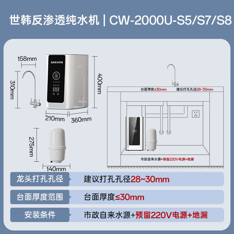 世韩(SAEHAN) 4:1微废水纯水护膜S8家用净水器厨房直饮800G大通量RO反渗透净水机通用滤芯厨下式纯水机净饮机 白色600G纯水护膜0陈水-净废4:1