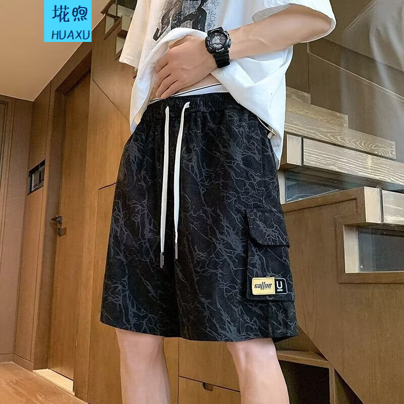 埖煦夏季潮牌多口袋扎染工装短裤男外穿五分裤子男中裤青少年休闲宽松 黑色 XL