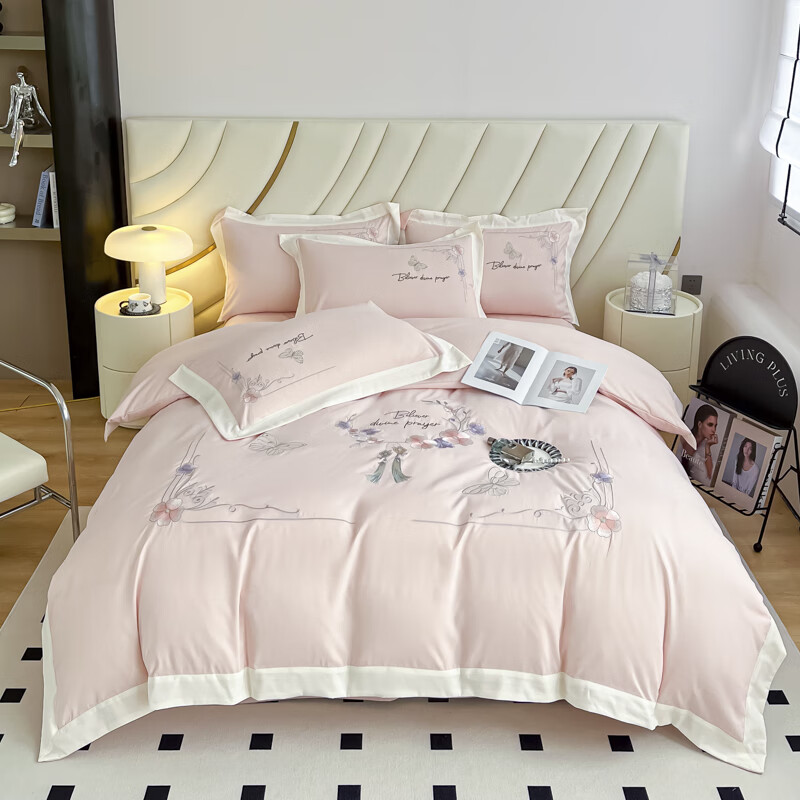 拉芙菲尔2025新款水洗棉系列-锦绣花款刺绣四件套 锦绣花-浅粉 1.5m床单款四件套