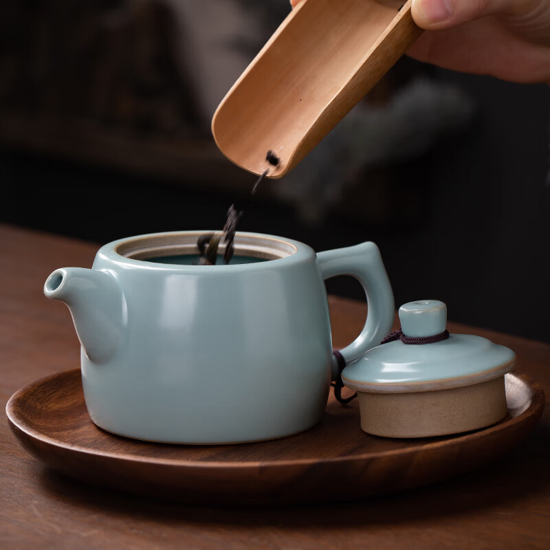 言洲汝窑井栏壶泡茶壶开片可养金线大容量汝瓷功夫茶具茶壶高档西施壶 汝窑缘（天青翘把井栏壶)单壶