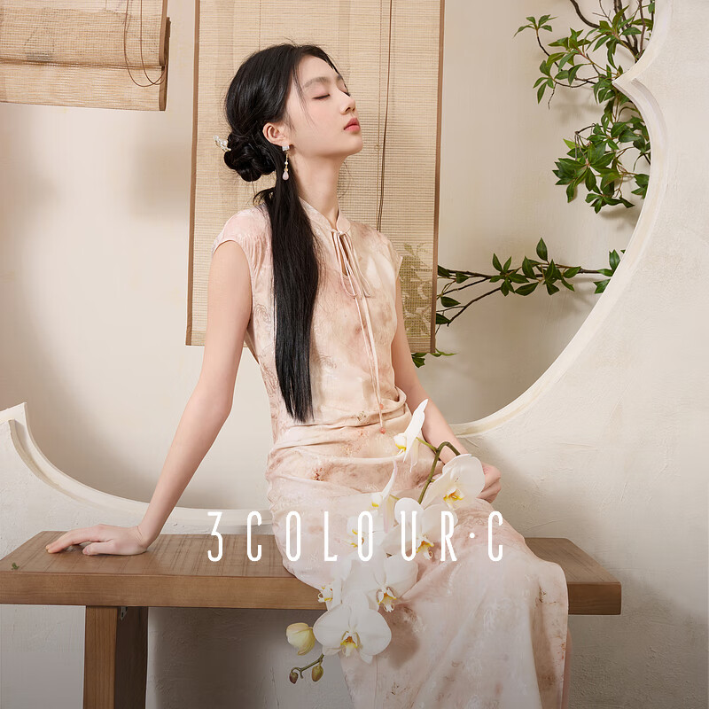 三彩【月華如水】2025夏季新款新中式連衣裙開(kāi)叉長(zhǎng)裙系帶立領(lǐng)C 煙粉色 M 160/84A