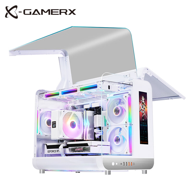 未知玩家幻翼机箱数显LCD版屏显无立柱海景房曲面玻璃MATX带屏幕台式机360水冷Type-C桌面游戏电脑机箱 幻翼 白色LCD屏显版【支持360水冷/MATX】