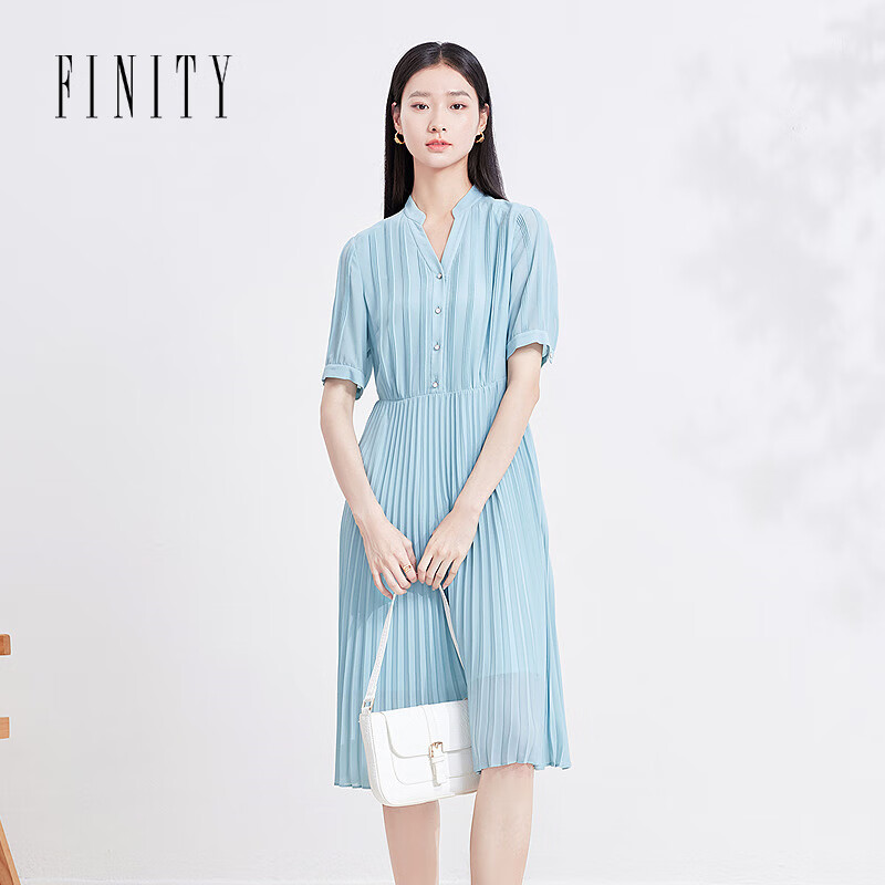 菲妮迪（FINITY）连衣裙2025年夏季新款简约拼接设计感V领短袖裙子女 浅蓝色 XL