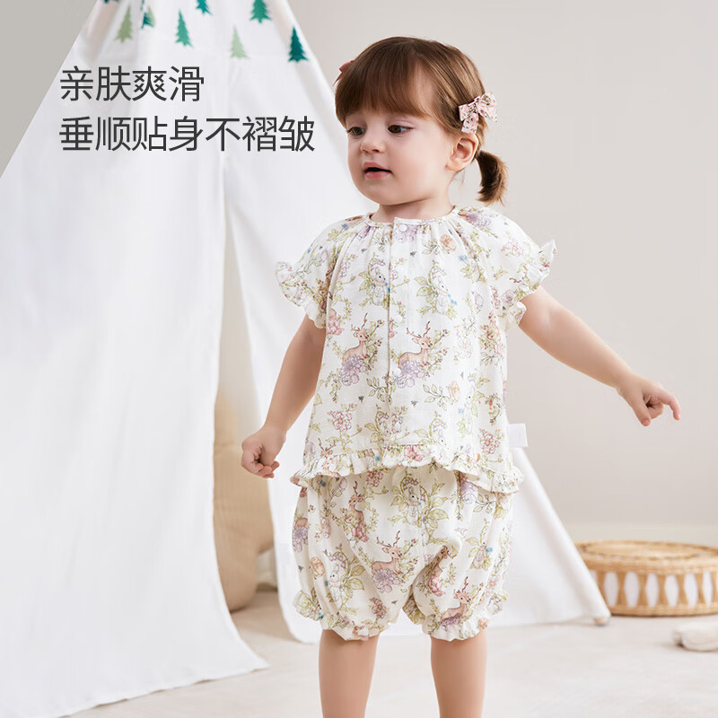 欢喜小熊 儿童短袖分体纱布套装宝宝夏季新款女童夏款外穿休闲衣服 鹿与兔子 110 (建议3-4岁身高100-110cm)