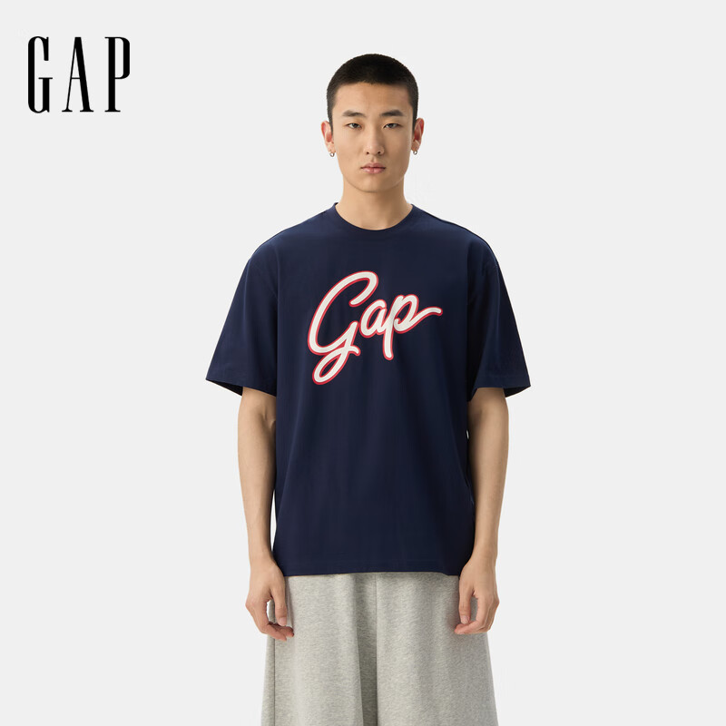 Gap男女装2025夏季新款纯棉印花大logo短袖T恤宽松时髦上衣727507 海军蓝 L (175/96A) 亚洲尺码