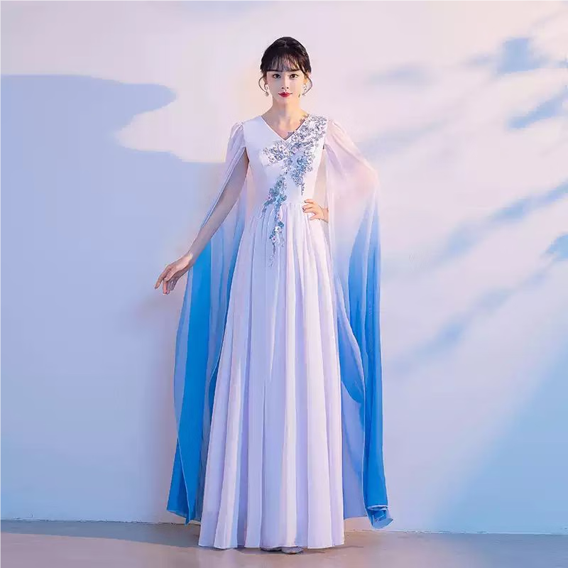 麥斯貝思紅歌大合唱團演出服女長裙成人琵琶二胡表演國風古箏演奏服裝藝考 藍色 XS