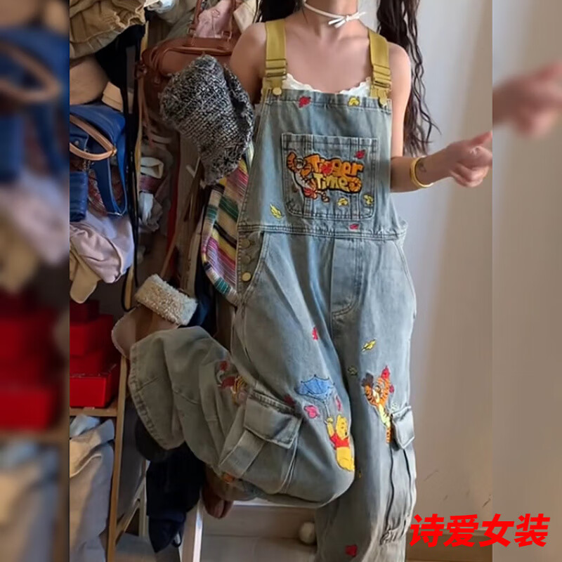 咚憬美式大碼設(shè)計(jì)感卡通刺繡牛仔褲子女2025春妹港風(fēng)趣拖地背帶褲 背帶褲 S