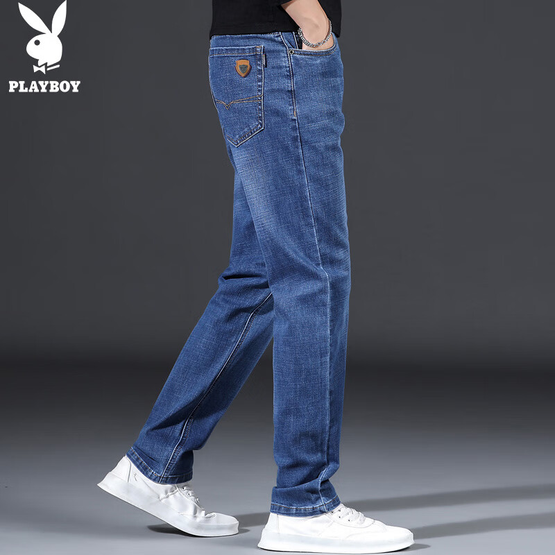 花花公子（PLAYBOY）牛仔褲男春夏季休閑褲子男士寬松直筒潮牌男裝長褲 淺藍色  32 