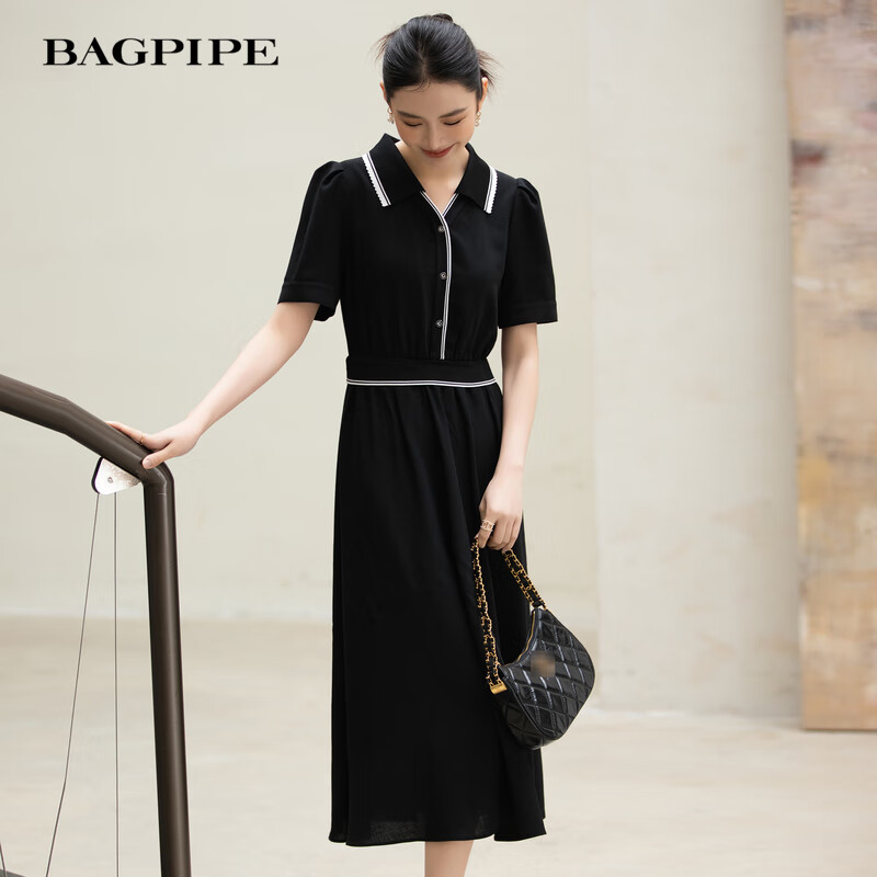 风笛（Bagpipe）风笛2025夏季新款气质收腰黑白撞色连衣裙时尚休闲简约拼接小黑裙 黑色 XL 170