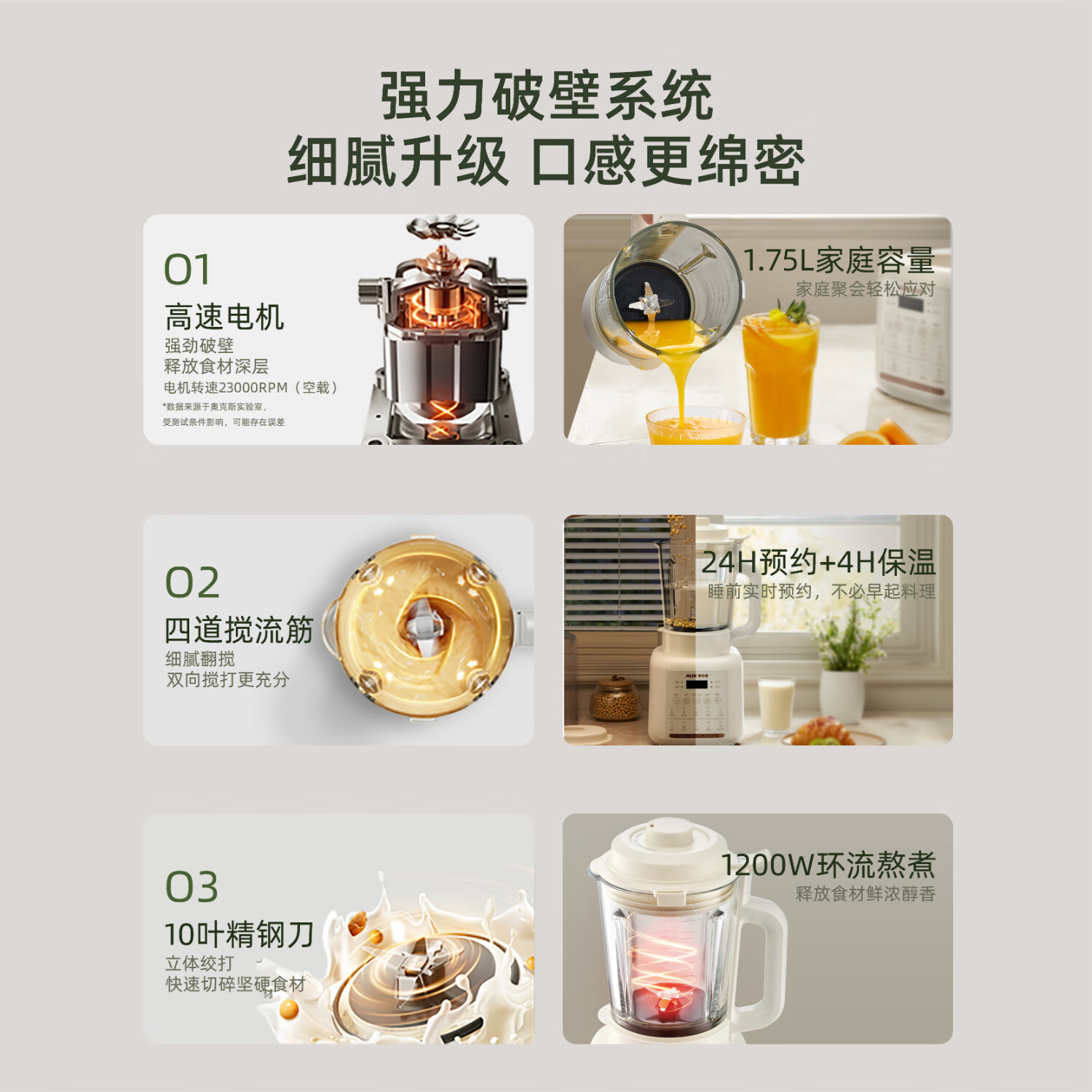 奥克斯（AUX）破壁机 家用多功能1.75L大容量轻音豆浆机榨汁机小型全自动免煮五谷杂粮料理机智能自清洗PB325A