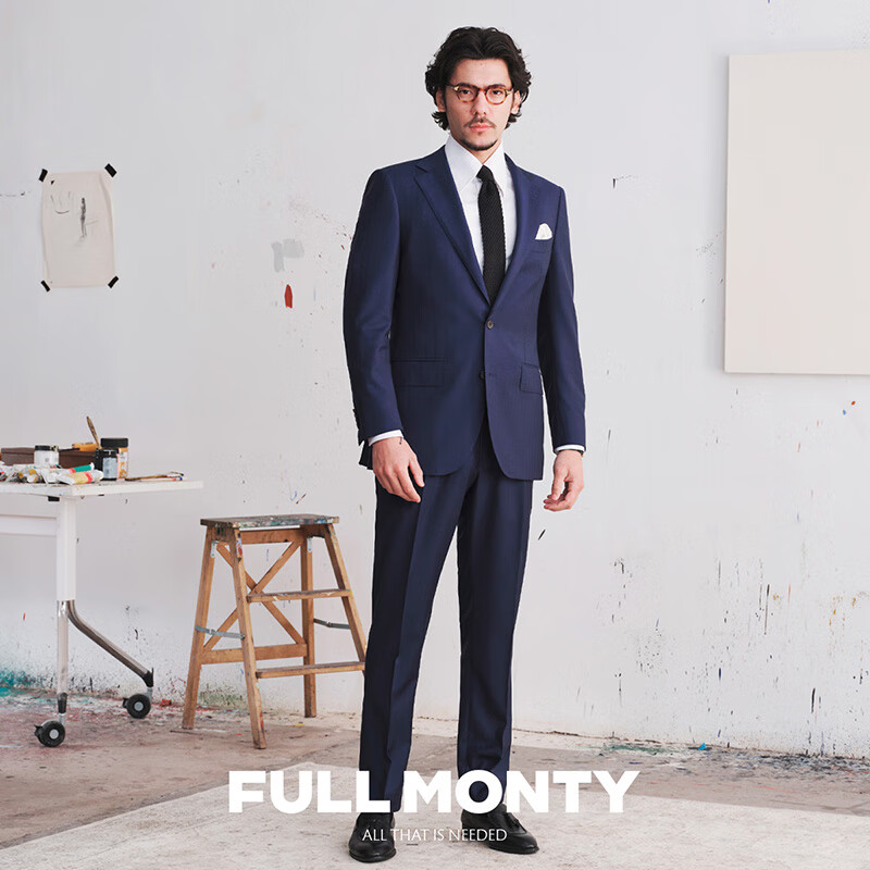FULL MONTY【新款】西服套装男士纯羊毛人字纹藏青色西装婚礼结婚商务正装 藏青色3407 52