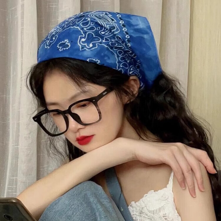 色彩熊克莱因蓝色腰果花头巾发带复古美式潮流百搭hiphop头巾丝巾配饰女 蓝色头巾