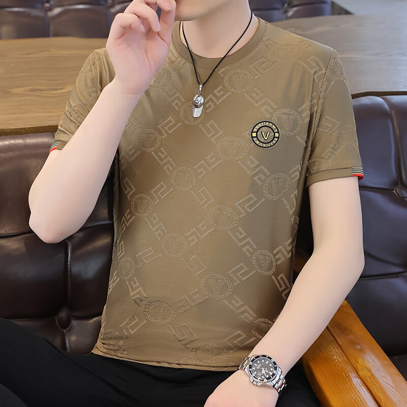 洛科驰夏季新款男士冰丝短袖T恤加肥加大码男装上衣服速干上衣服 T56卡其 M