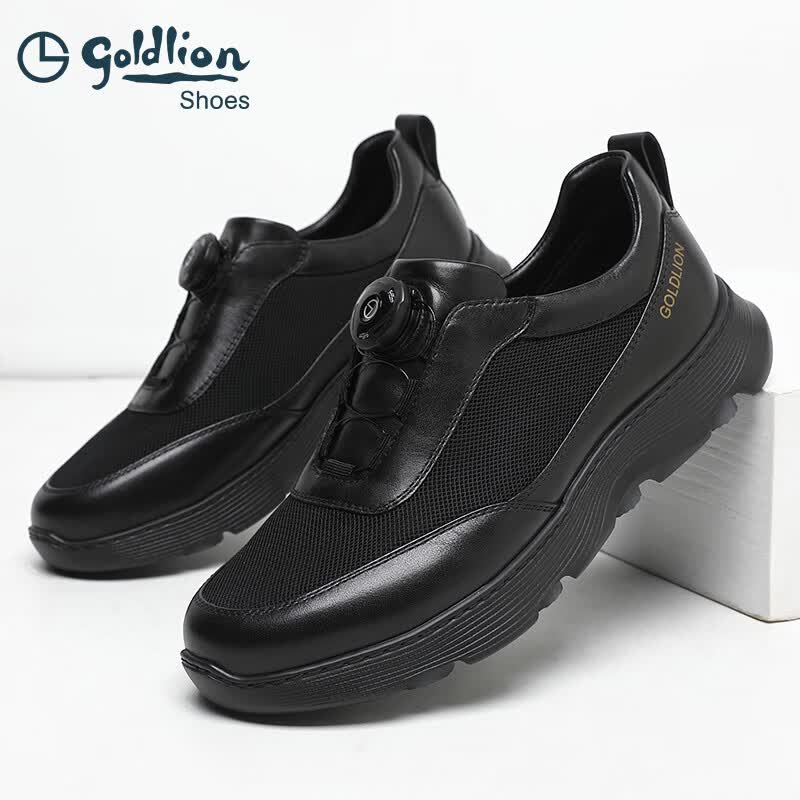金利来(Goldlion)男鞋夏季新款皮凉鞋男网面鞋透气免系带闪穿休闲鞋缝线软底软面 黑色 单层 25 (250mm) 40码