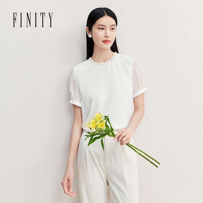 菲妮迪（FINITY）【100%桑蚕丝】雪纺衫2025夏季新款简约花边领上衣女 白色 S