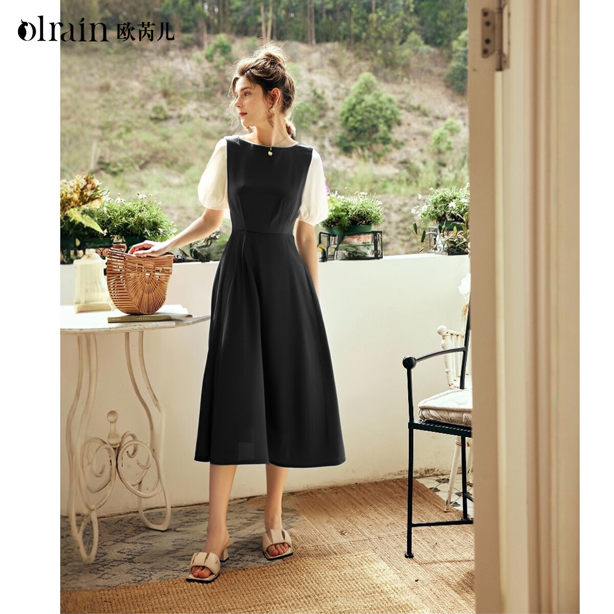 Olrain【5折】夏季新款黑色撞色袖收腰显瘦法式连衣裙一字领女 黑色 M