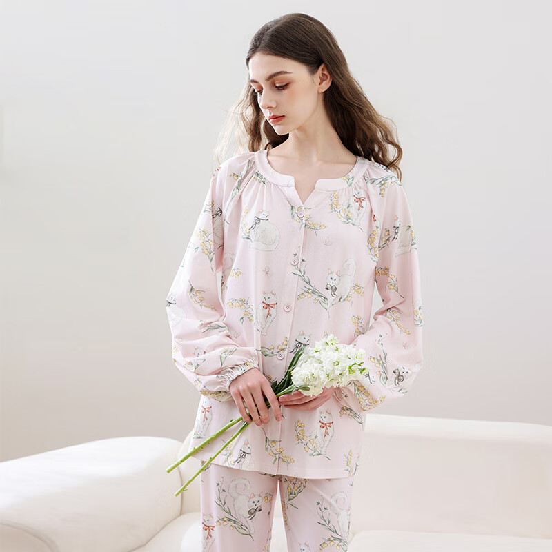 婧麒【森林通話(huà)系列】月子服春夏5-10月純天山棉產(chǎn)婦孕婦睡衣家居服 【純凈天山棉】鈴蘭喵語(yǔ) M