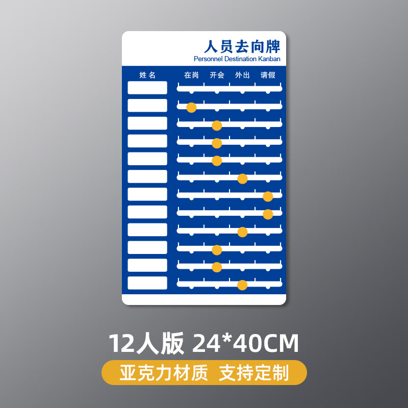 亞克力工作人員去向牌定制員工崗位牌在崗指示牌狀態(tài)牌可更換姓名動向通知牌辦公室崗位去向出勤牌去向板標(biāo)識 QXA-12人版 0x0cm