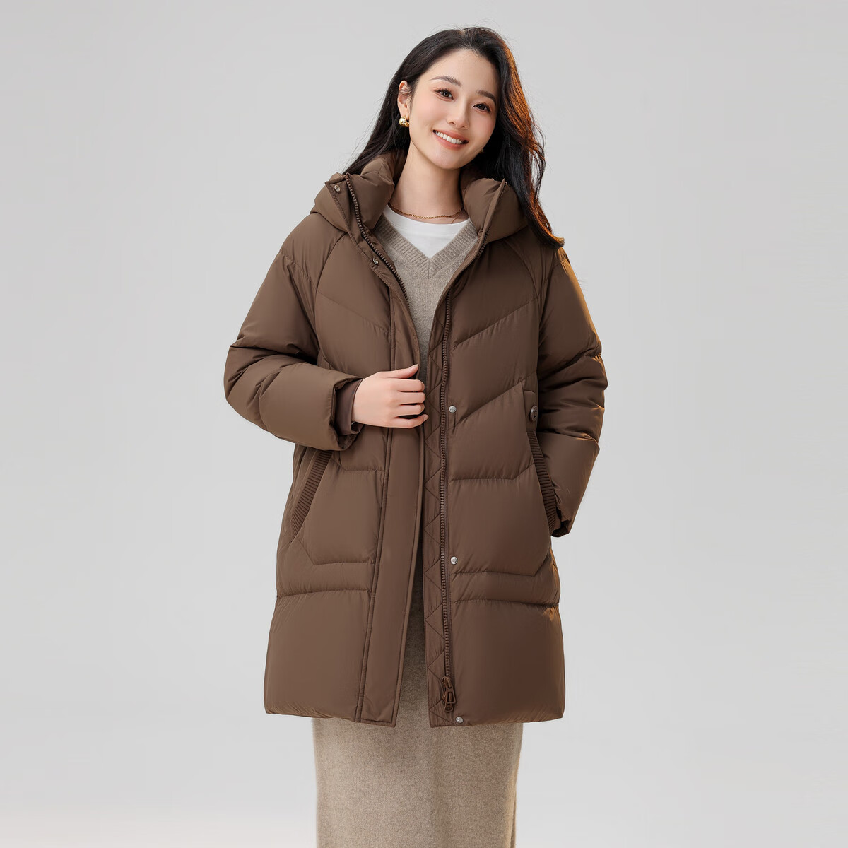 冰洁中长款羽绒服女连帽百搭冬季保暖外套 咖色 XL(140-160斤) 