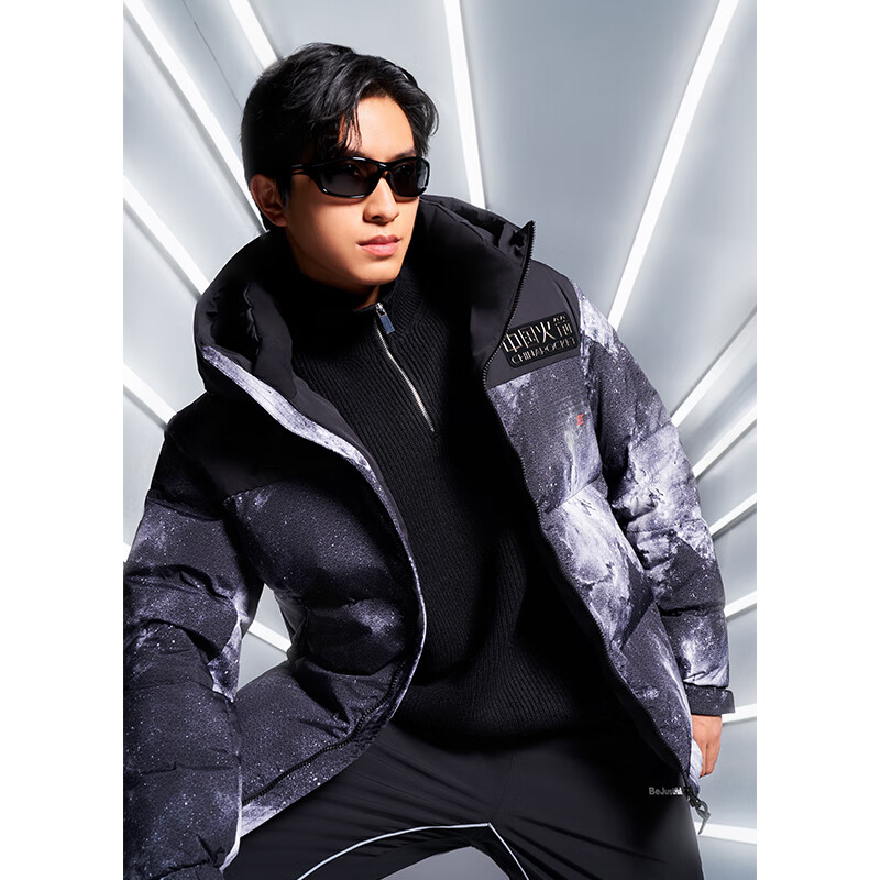 千仞岗【航天系列】冬季鹅绒羽绒服男士短款连帽加厚夹克保暖防寒服外套 银河黑 XL (170)