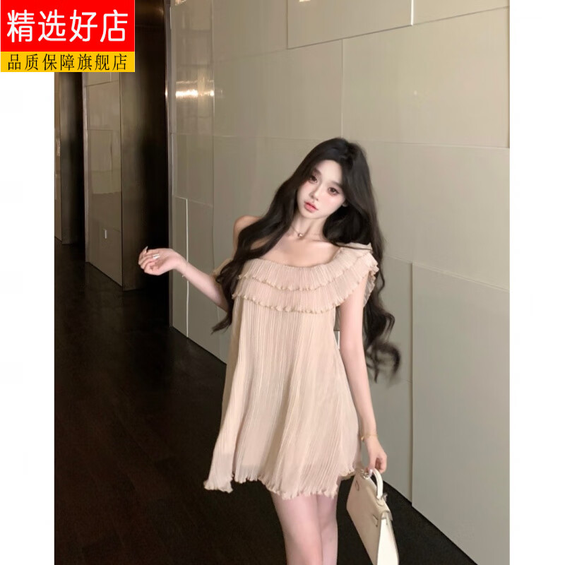 CEOCK2025新款荷叶边斜肩无袖连衣裙女夏季2025新款纯欲宽松短裙度假风 连衣裙-旗舰款 S