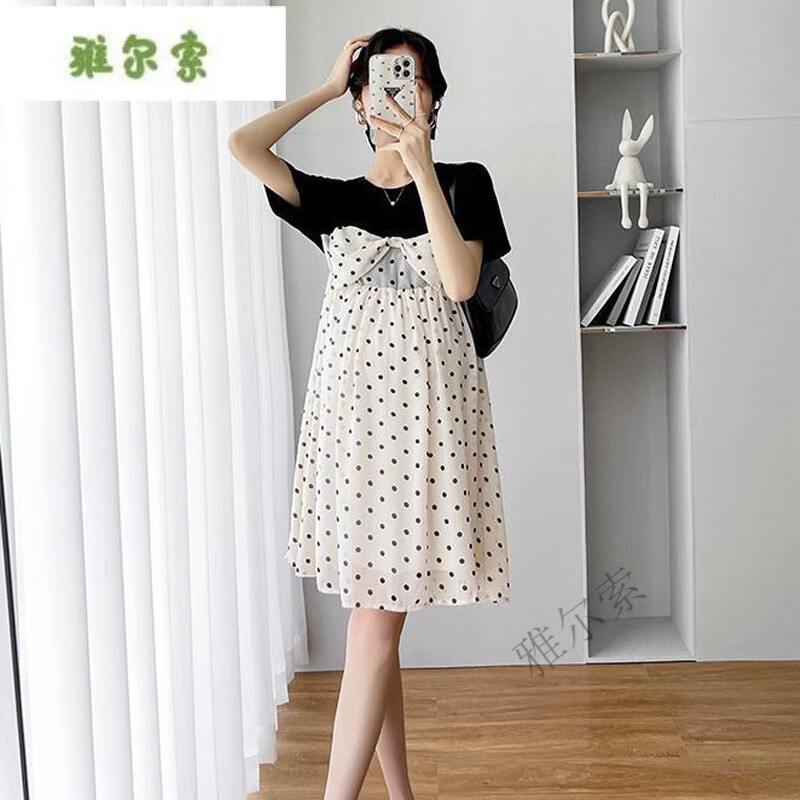 雅尔索孕妇装夏装韩版短袖雪纺连衣裙时尚拼接假两件圆点中长款百搭套装 232-A  雪纺连衣裙 M  建议85-105斤