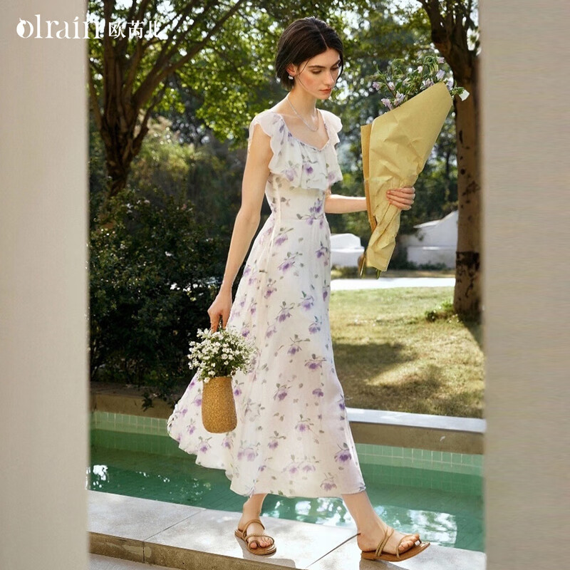 Olrain欧芮儿紫色温柔法式连衣裙女夏季新款方领收腰显瘦长裙 紫色 M