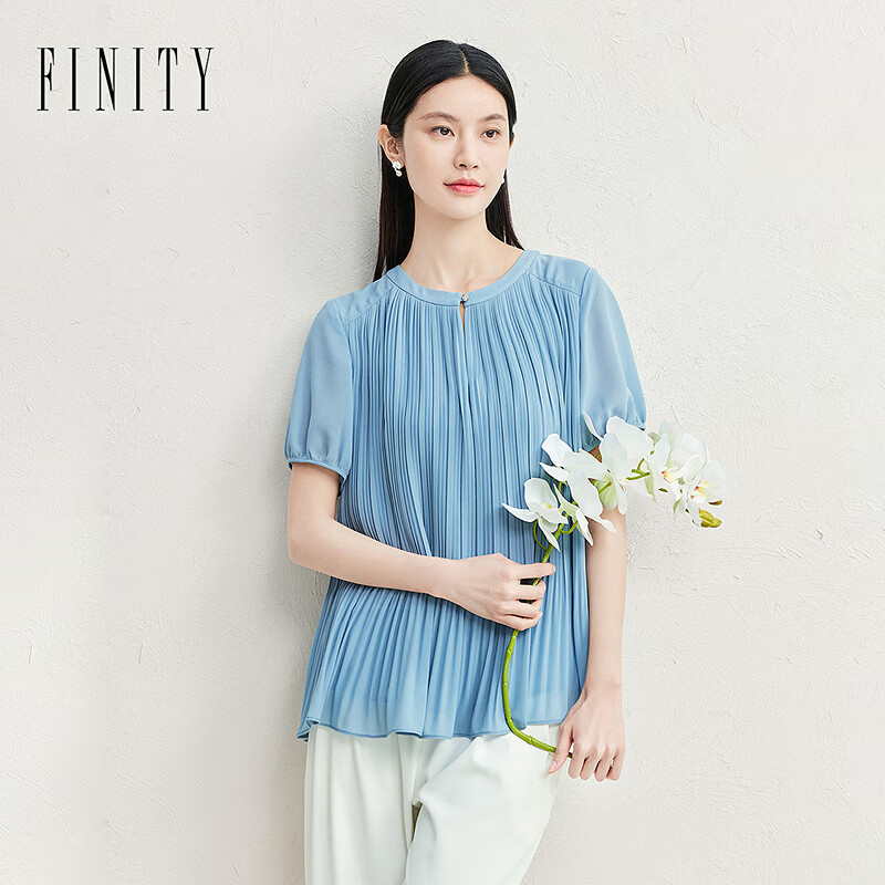 菲妮迪（FINITY）雪纺衫2025年夏季新款简约气质条纹设计感短袖上衣女 蓝色 L