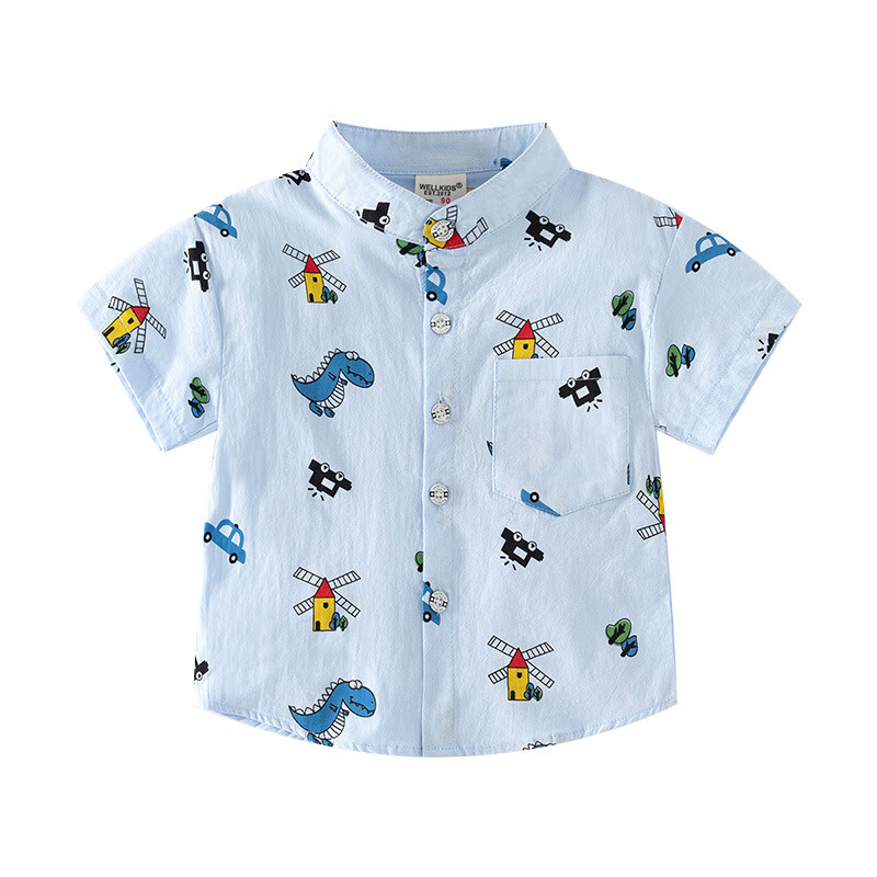 WELLKIDS新款卡通夏季立领中小男童短袖衬衫休闲柔软舒适吸湿排汗男童衬衫 浅蓝汽车恐龙短袖衬衫 90