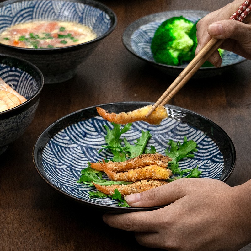 美浓烧日式精美 实用餐具大号家用陶瓷海波纹